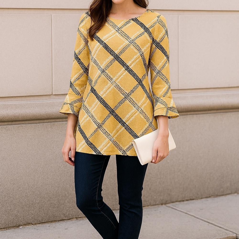 Yellow Plaid Bell Sleeve Tunic